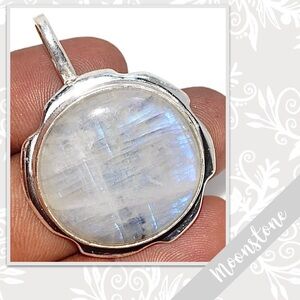 Rainbow Moonstone Eclectic Silver Artisan Pendant, 1.6” Turquoise to Blue-Violet